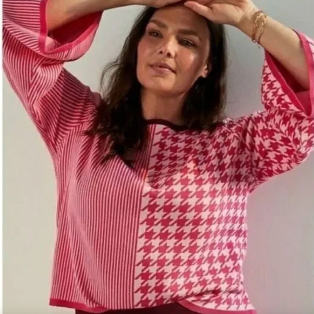 Anthropologie Pink Houndstooth & Stripe Crewneck Sweater